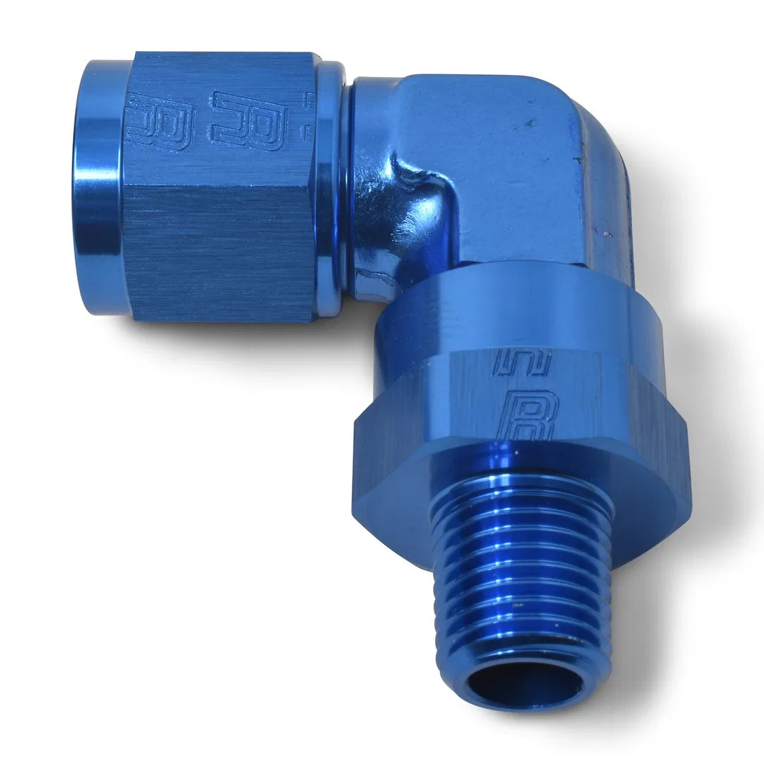 614018 – RUSSELL/EDEL Adapter Fitting, 90 Degree -8 AN Female To Male 3/8 Inch Swivel NPT Anodized Blue Aluminum Sing...